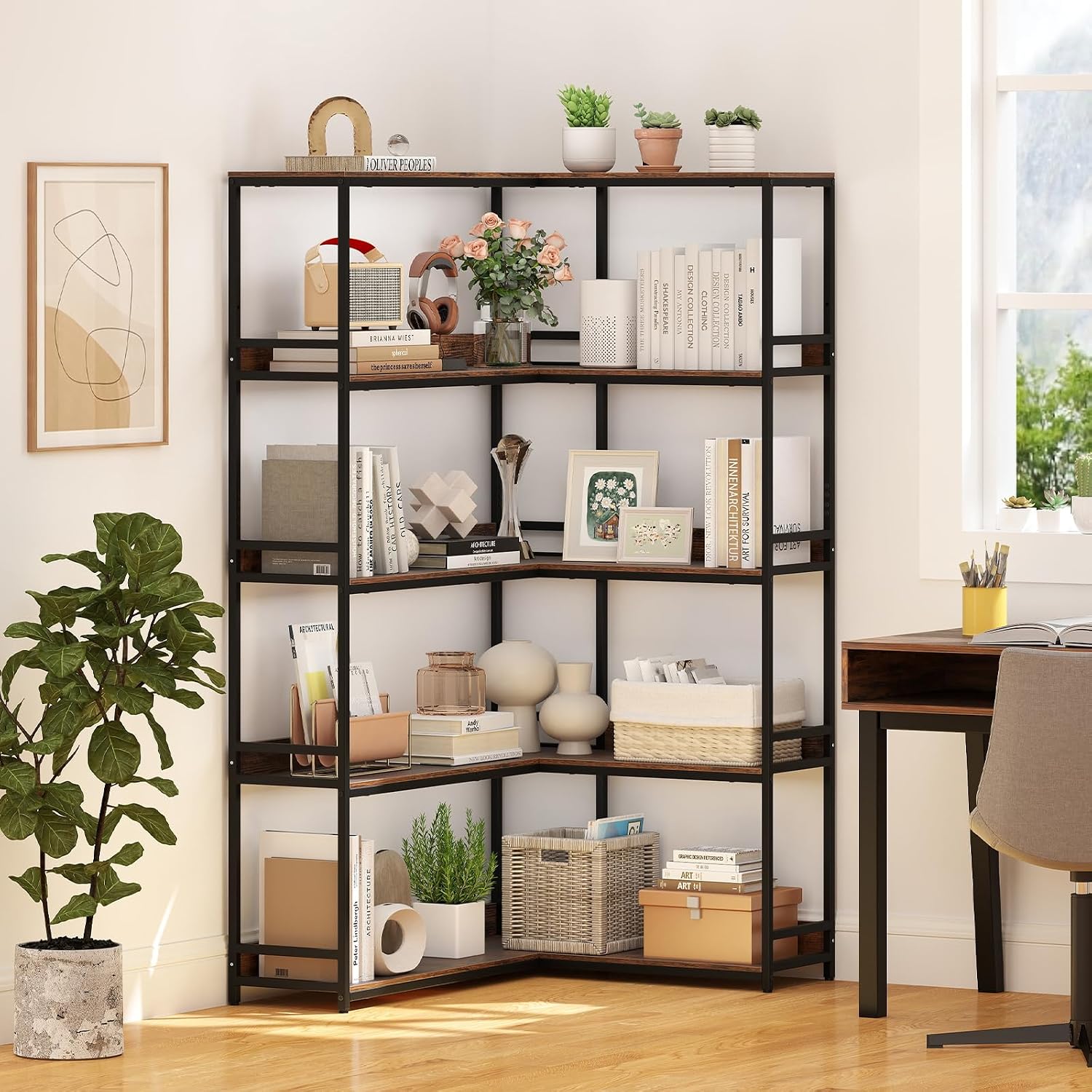 Giantex 5-Tier Corner Bookshelf, 71' L-Shaped Bookcase, Tall Etagere Bookshelf with Metal Frame, Industrial Open Display Shelf, Vertical Storage Rack for Living Room, Study, Office (Rustic Brown)