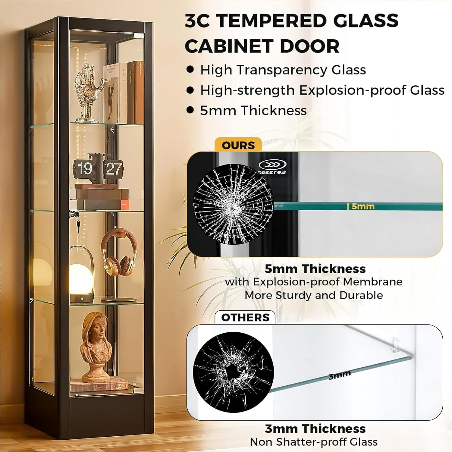 BECHAEO Glass Display Cabinet with 12 Color Lights and Lock, 4-Tier Curio Cabinet with Tempered Glass Door, Adjustable Shelves, 63' Metal Display Case for Collectibles Living Room, Black