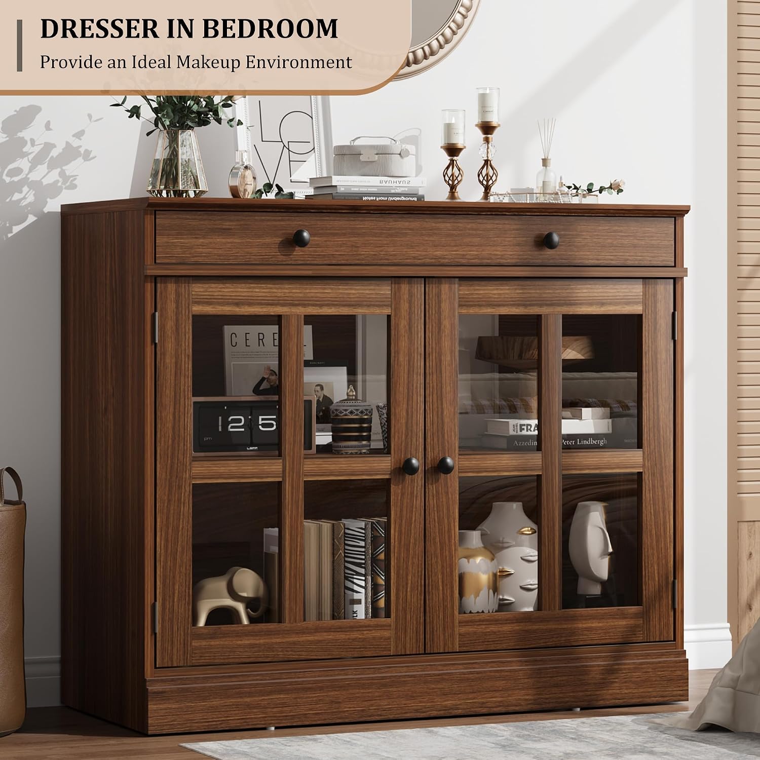 GarveeHome 35.4 in Sideboard Buffet Cabinets with Glass Door, Buffet Cabinet with Storage, Walnut Sideboard Cabinet with Drawer, Modern Buffets & Sideboards for Dining Room, Kitchen
