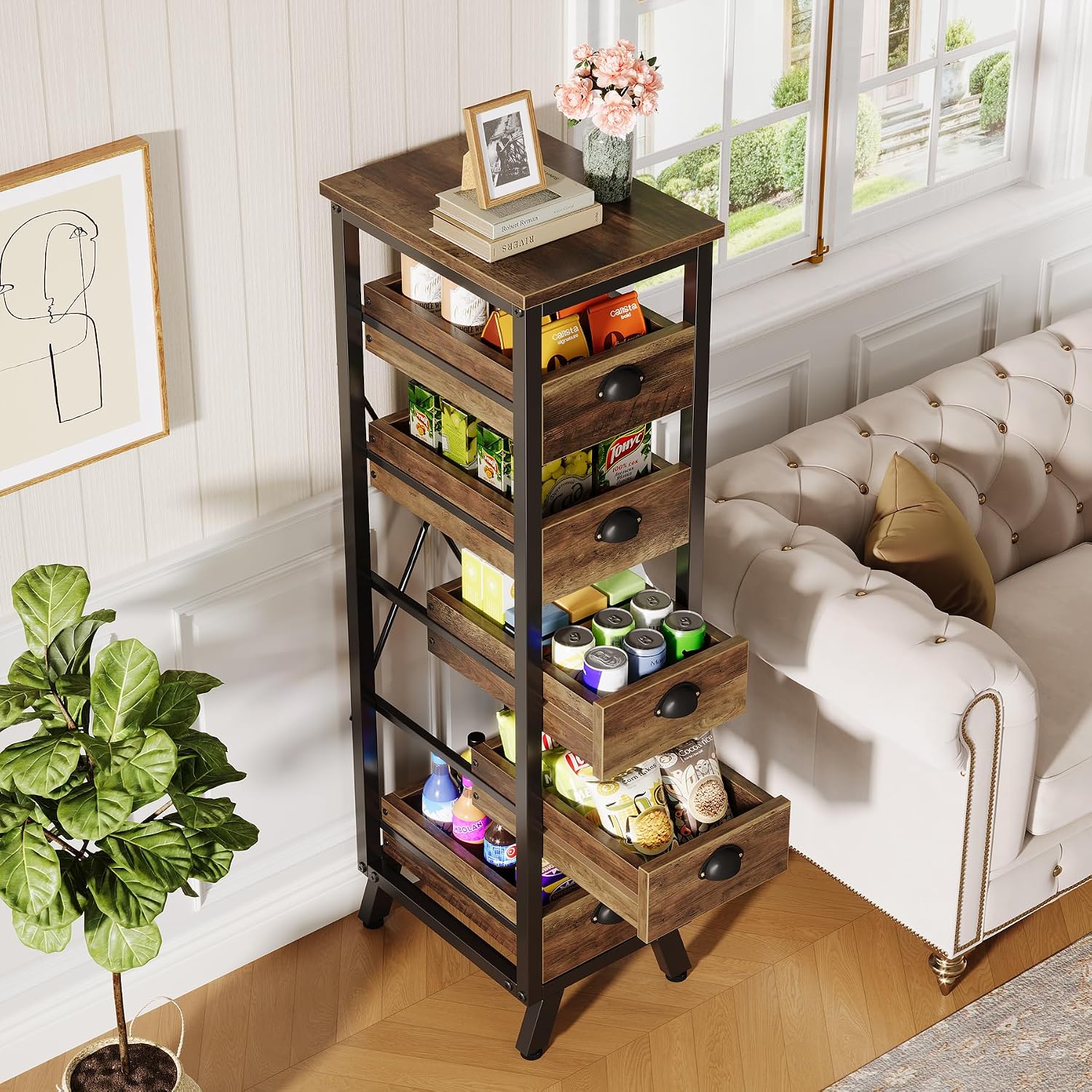 Tribesigns Wood Fruit and Vegetable Storage Rack Set of 2, 5-Tier Narrow Snack Stand Kitchen Stand Fruit Basket, Pull-Out Utility Organizer for Kitchen, Living Room, Rustic Brown