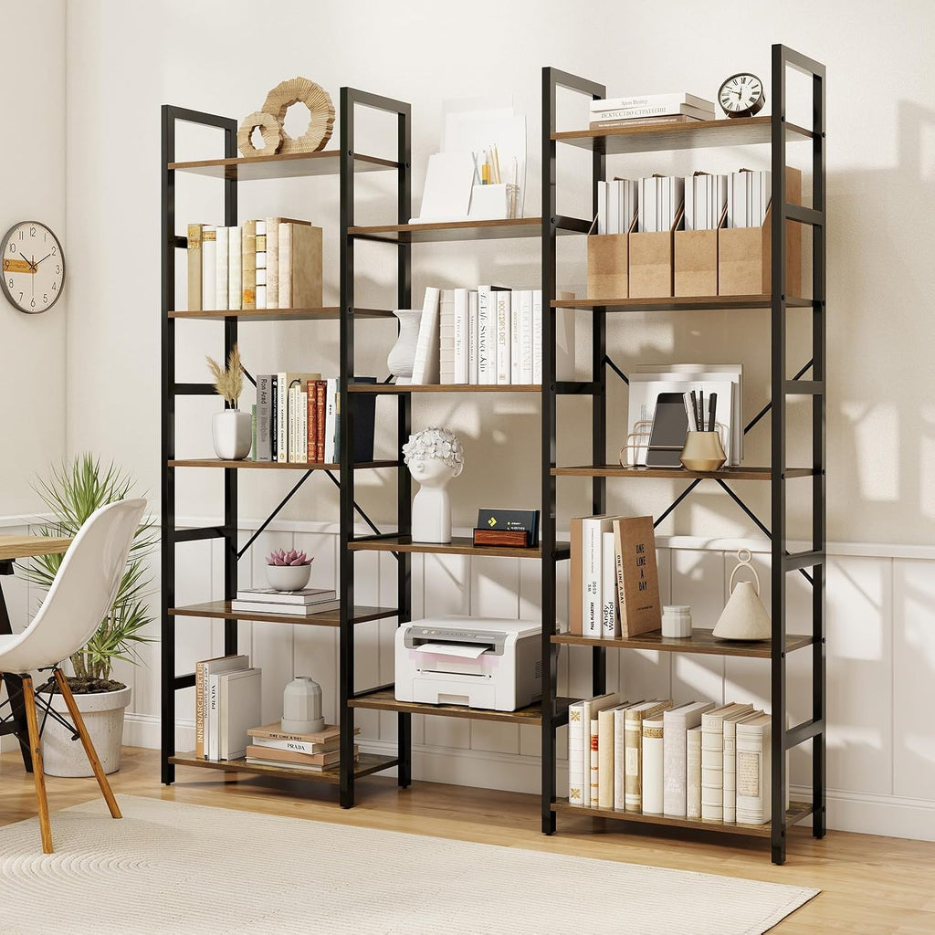 Giantex 5-Tier Industrial Bookshelf, Triple Wide Heavy-Duty Metal Frame Bookcases w/ 14 Open Shelves, Large Floor Standing Display Shelf Rack w/Anti-tip Kits, Storage Shelf for Living Room Study