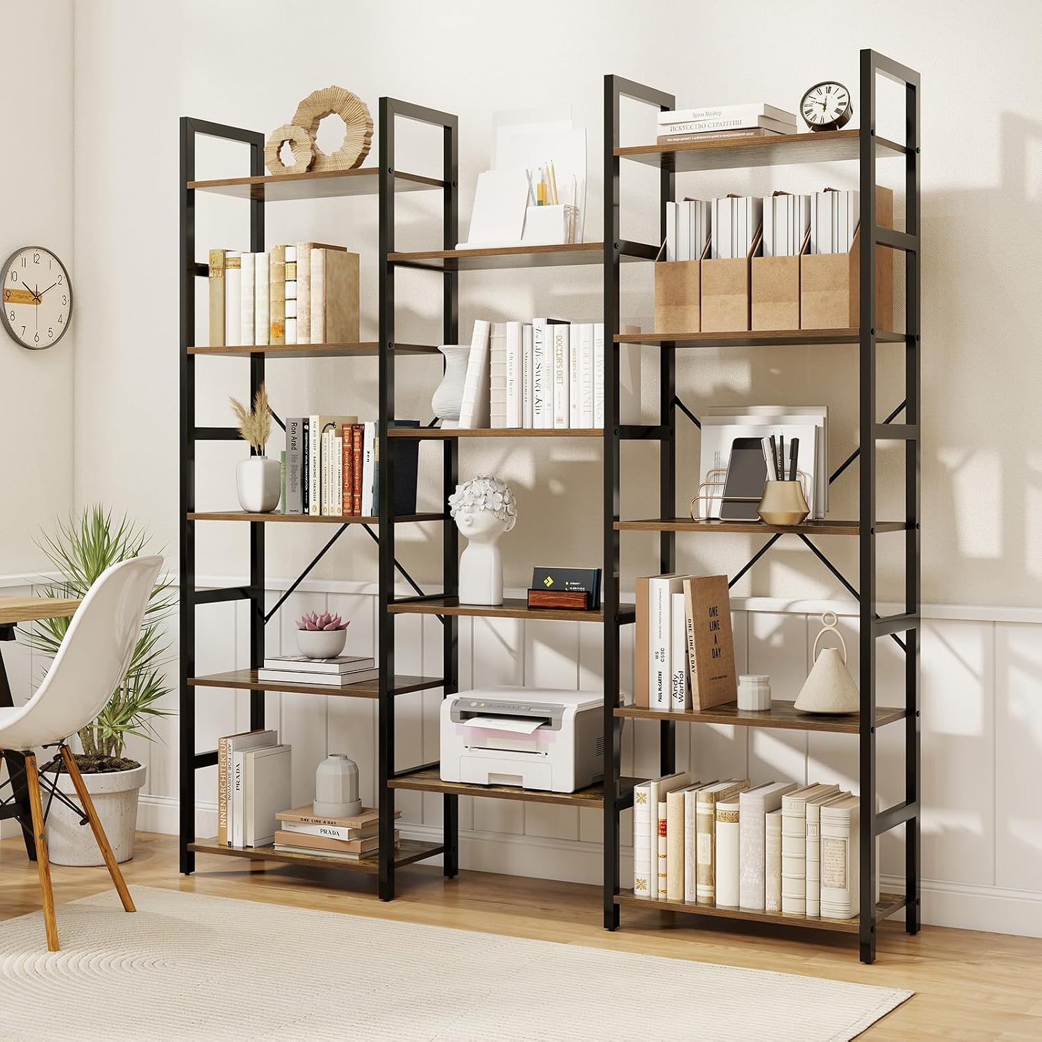 Giantex 5-Tier Industrial Bookshelf, Triple Wide Heavy-Duty Metal Frame Bookcases w/ 14 Open Shelves, Large Floor Standing Display Shelf Rack w/Anti-tip Kits, Storage Shelf for Living Room Study