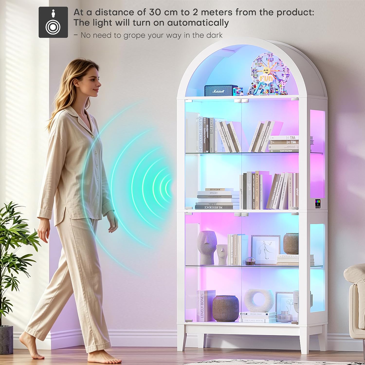 WOOVIVS Glass Display Cabinet with RGB Lights, 69' Tall Curio Cabinet with Rebound Tempered Glass Door, 5-Tier Adjustable Display Case for Living Room (White)
