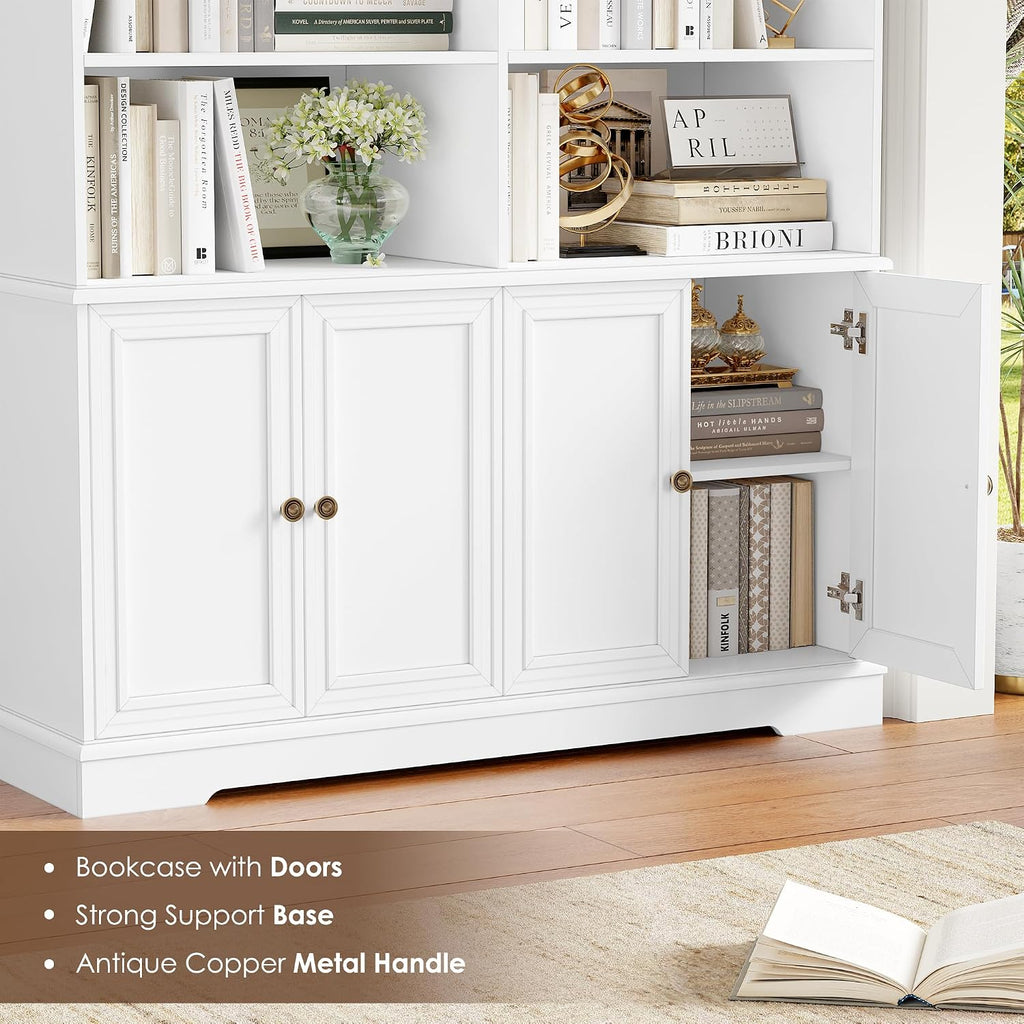 FINETONES 73' White Bookshelf with Doors, 6 Tier Tall Bookshelf Double Wide Bookcases and Bookshelves with Storage, Large Display Cabinets for Home Office,Living Room, Library