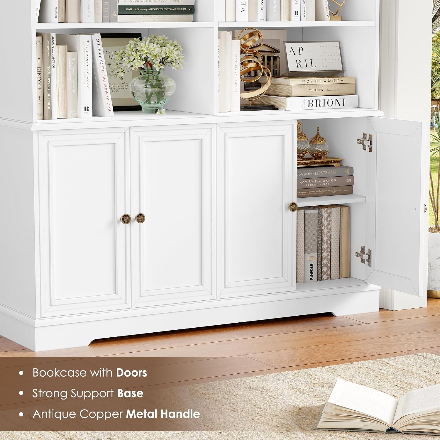 FINETONES 73' White Bookshelf with Doors, 6 Tier Tall Bookshelf Double Wide Bookcases and Bookshelves with Storage, Large Display Cabinets for Home Office,Living Room, Library
