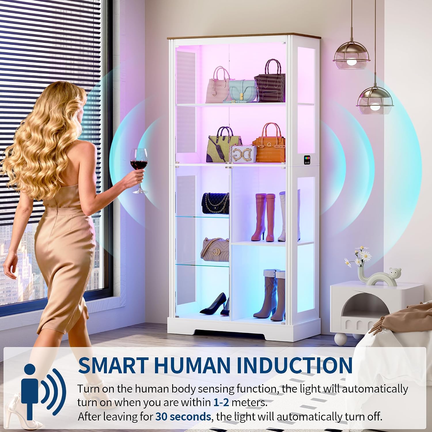 HNEBC Glass Display Cabinet with RGB Lights, 71'' Curio Cabinet with Glass Doors, 5-Tier Display Cases and Human Sensor, Bookcases for Collectibles, Books,Toys, White