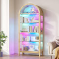 HNEBC Arched Book Shelf with Glass Doors, LED Bookcase with RGB Lights, 5 Tier Cabinet Has 9-Cube Storage, 69' Display Cabinet for Music-Synced Lighting Living Room,Bedroom (Natural)