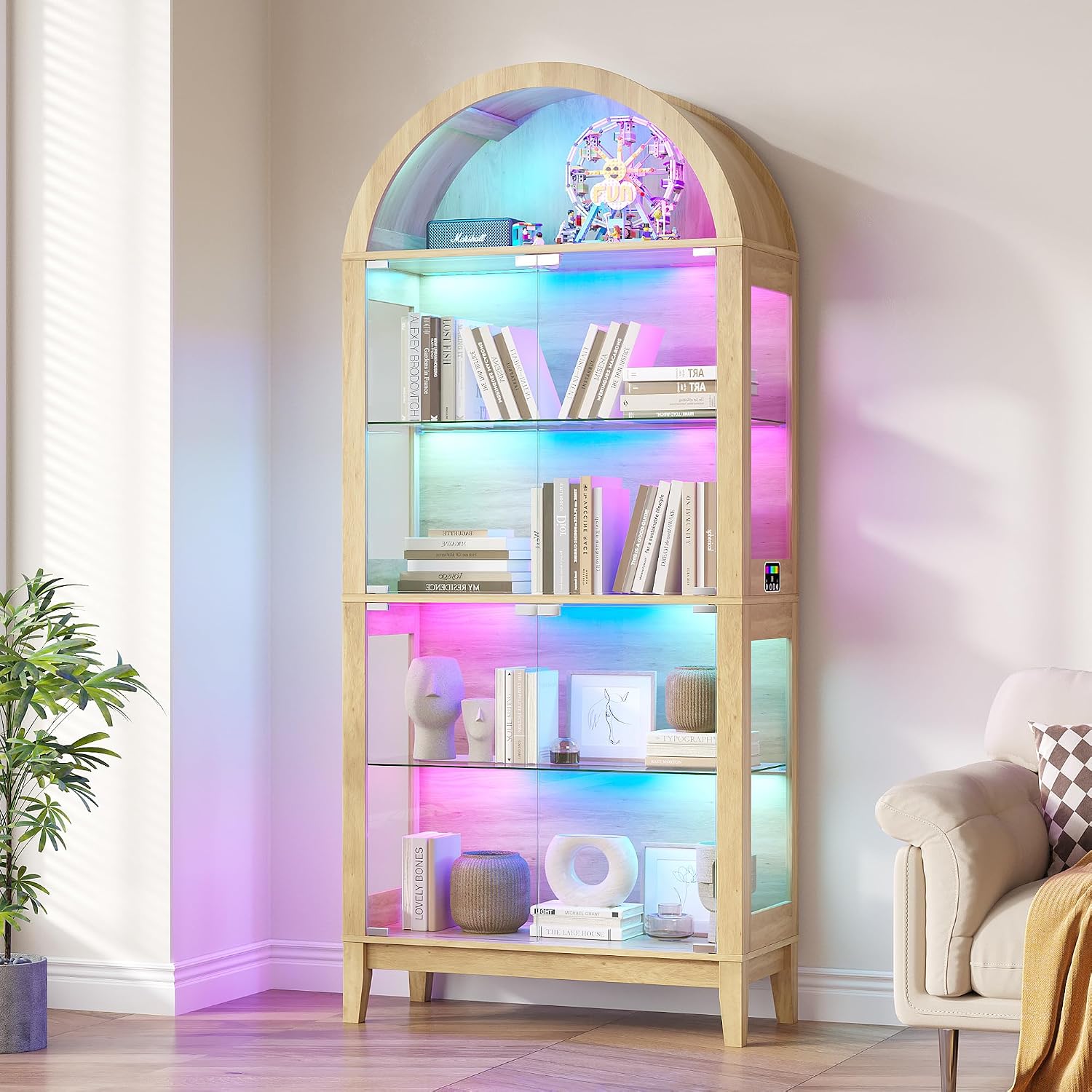 HNEBC Arched Book Shelf with Glass Doors, LED Bookcase with RGB Lights, 5 Tier Cabinet Has 9-Cube Storage, 69' Display Cabinet for Music-Synced Lighting Living Room,Bedroom (Natural)