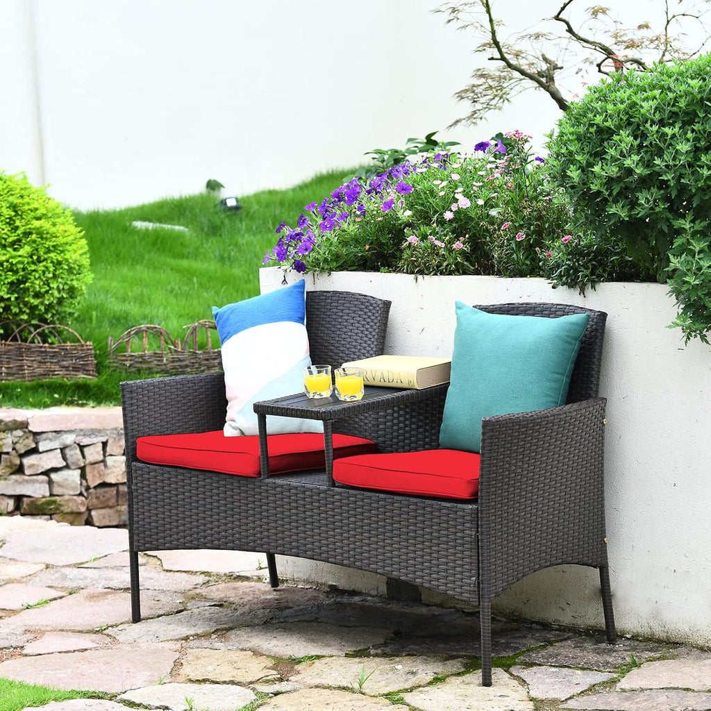 Tangkula Outdoor Rattan Loveseat, Patio Conversation Set with Cushions & Table, Modern Patented Wicker Sofa Set with Built-in Coffee Table, Rattan Sofas for Garden Lawn Backyard