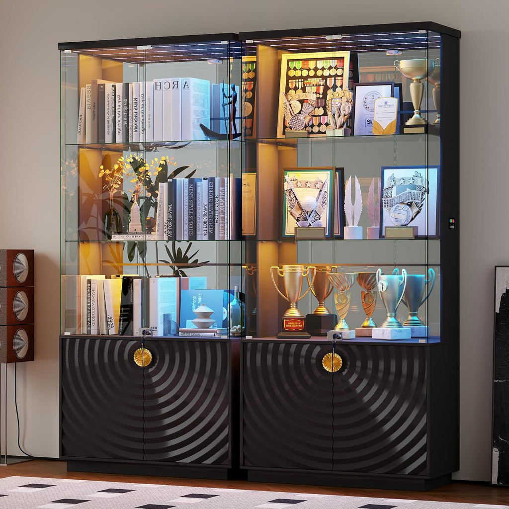 HNEBC Display Cabinet with Glass Doors - 71' High Gloss Curio Cabinet with Adjustable Glass Shelf, Lockable Display Cases with RBG Lights and Human Body Sensor for Collectibles, Black