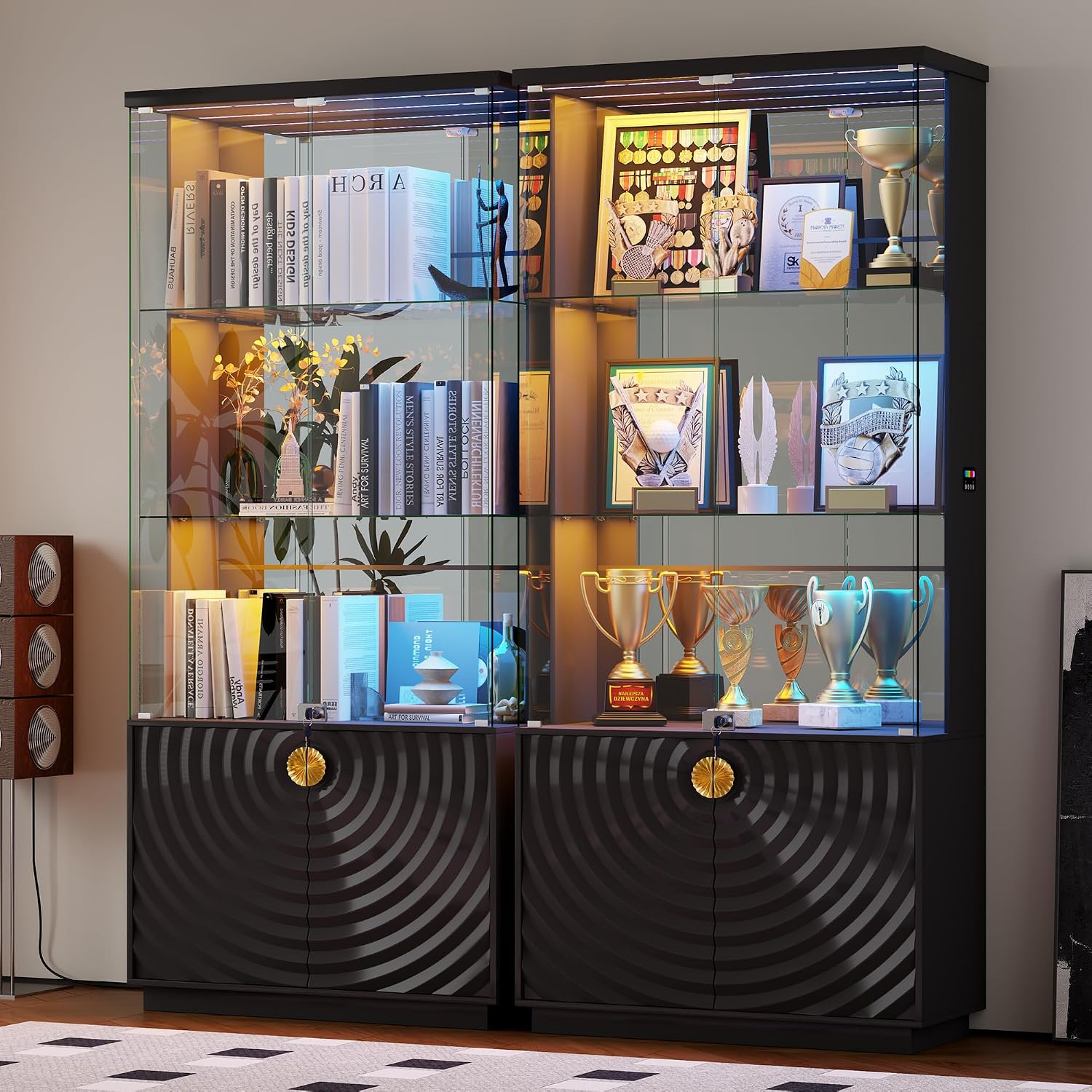 HNEBC Display Cabinet with Glass Doors - 71' High Gloss Curio Cabinet with Adjustable Glass Shelf, Lockable Display Cases with RBG Lights and Human Body Sensor for Collectibles, Black