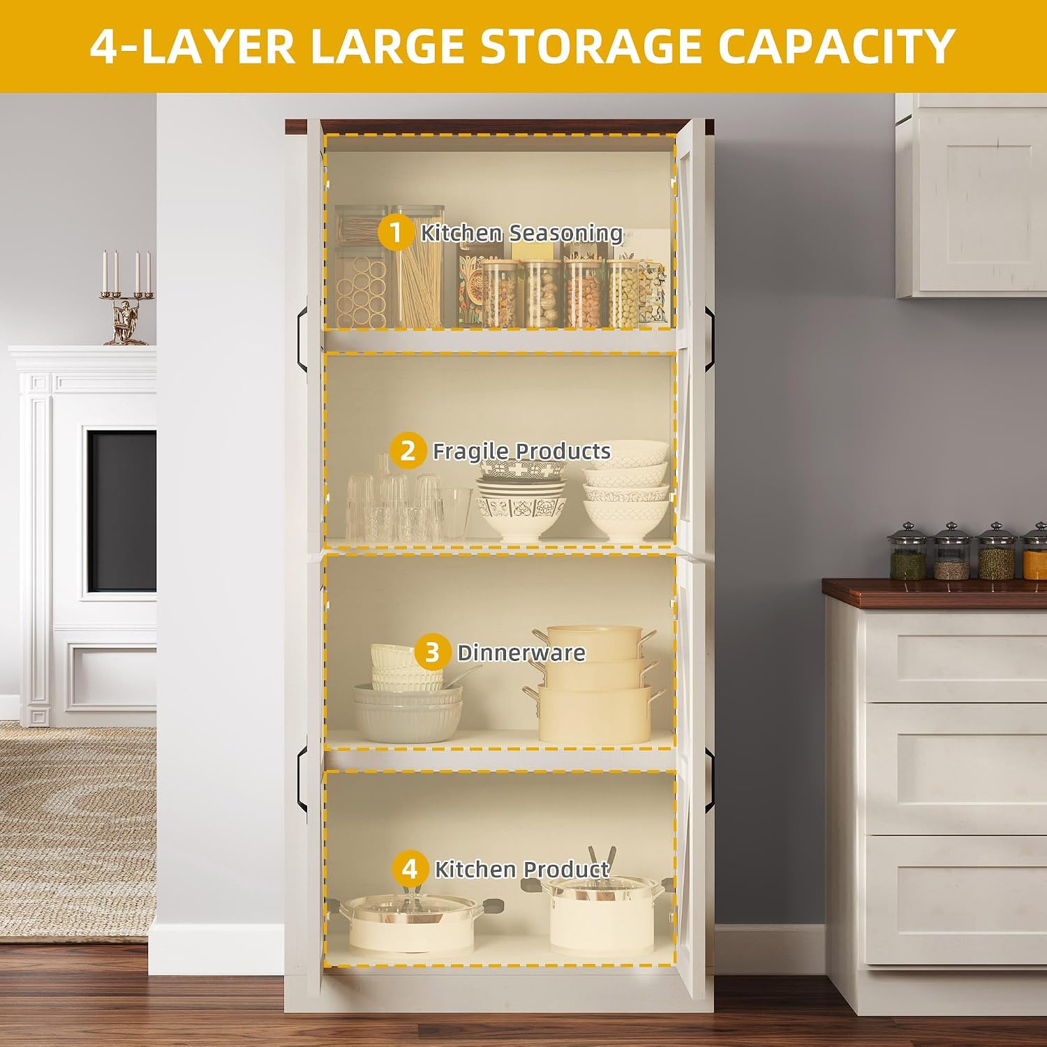 DWVO 66' Storage Cabinet, Tall Bookshelf Display Cabinet, 4 Shelves Curio Cabinet with Tempered Glass Doors, Trophy Display Case for Living Room and Dinning Room, White