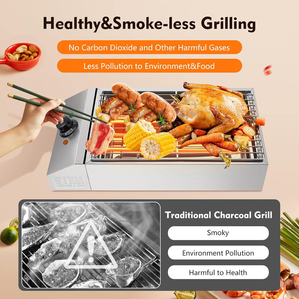Electric Smokeless Indoor Grill - Electric Searing Grill with Adjustable Temperature Control to 572℉ Nonstick Indoor BBQ Rotisserie 1800W Portable Removable Stand Grill For Indoor Outdoor Camping