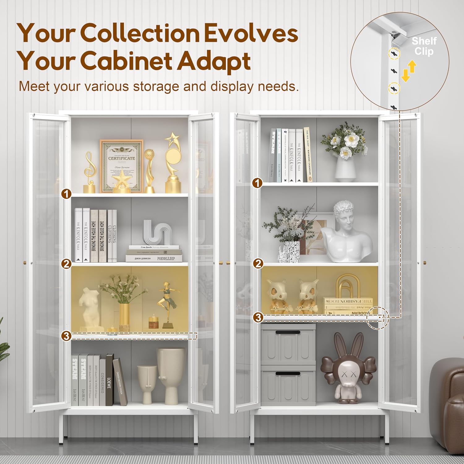 UNICOLY Display Cabinet with Glass Doors, Glass Display Cabinet 4-Tier, Metal Curio Display Cabinet with Tempered Glass Doors for Living Room, Plant, Display Shelf, Assembly Required, White
