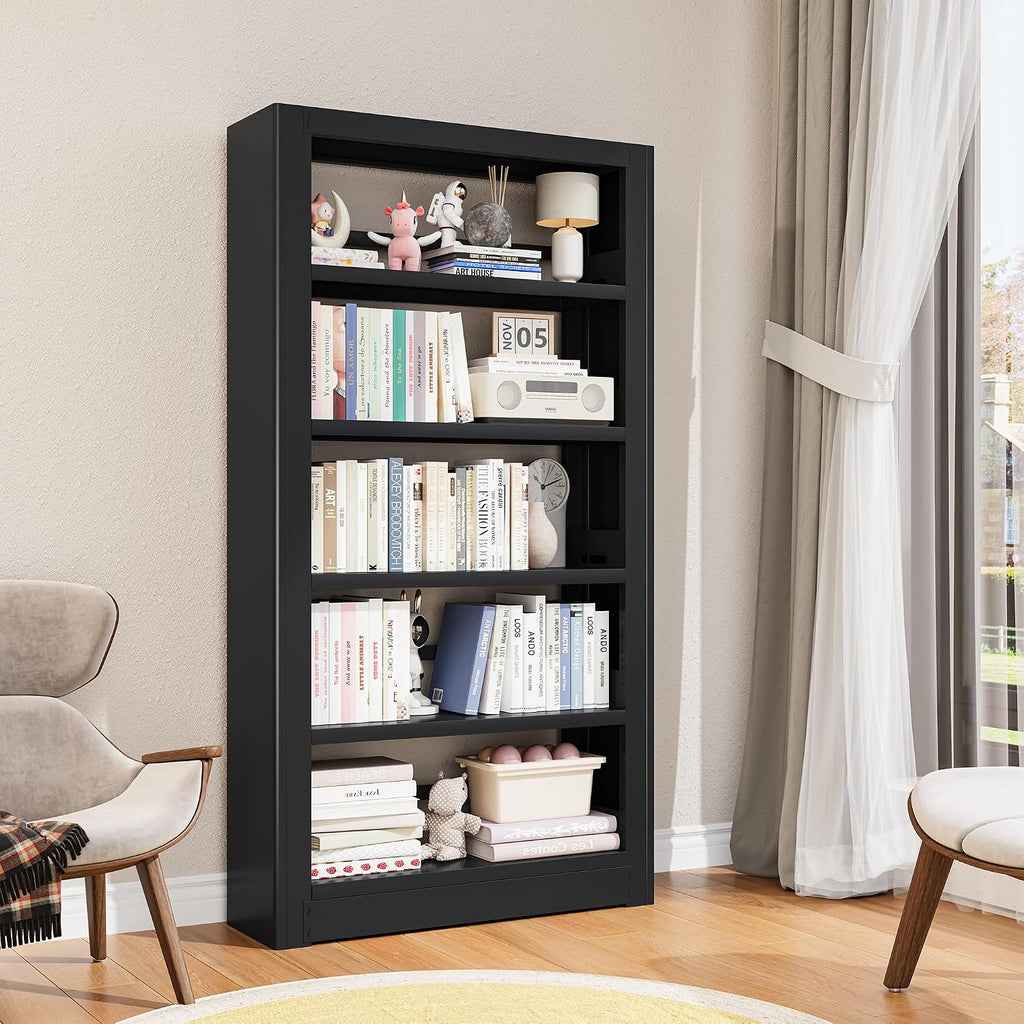 Large Metal Bookcase, 69' Modular Bookshelf with Storage, 5 Tier Bookcase with Adjustable Shelves, Extra Tall Book Shelves, Modern Book Case for Library, Office, Entryway, Living Room（Black）