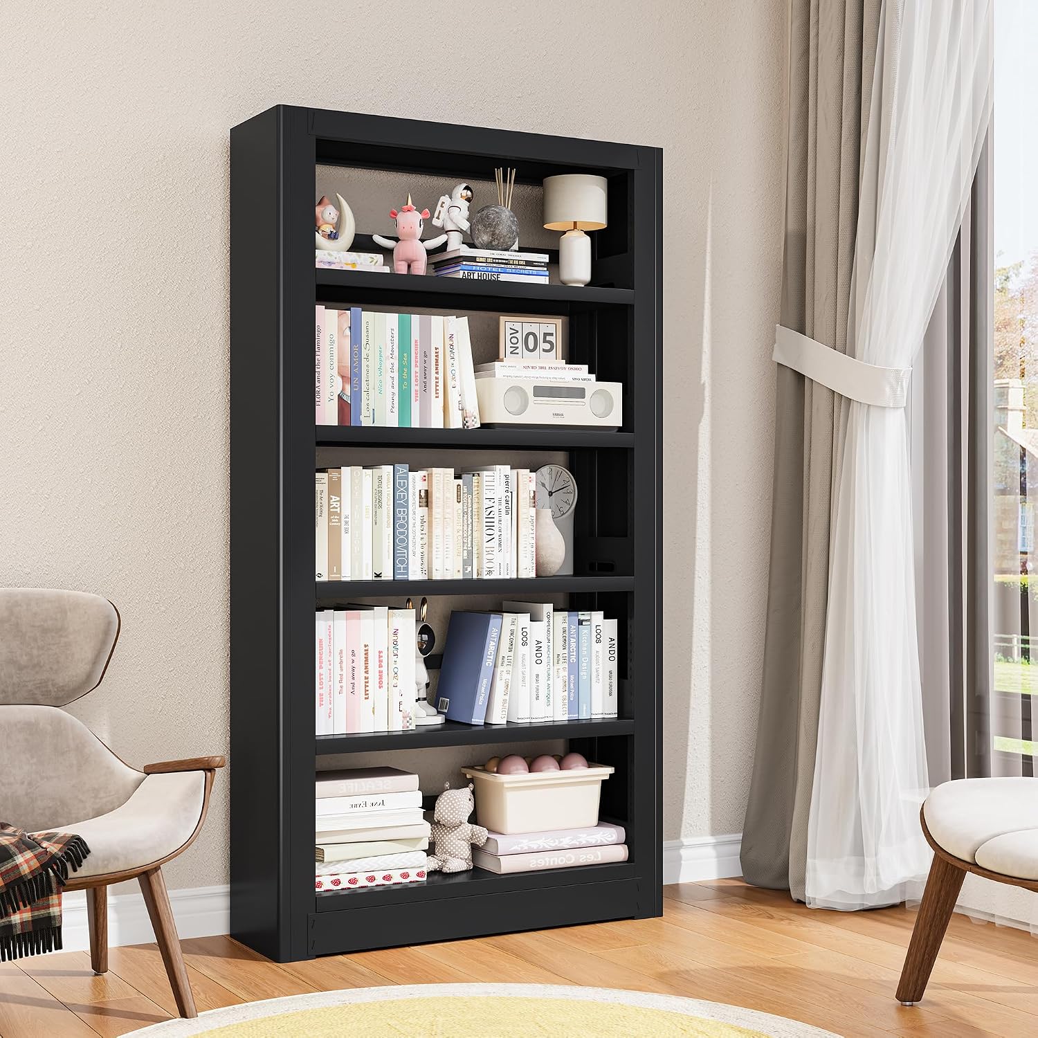 Large Metal Bookcase, 69' Modular Bookshelf with Storage, 5 Tier Bookcase with Adjustable Shelves, Extra Tall Book Shelves, Modern Book Case for Library, Office, Entryway, Living Room（Black）