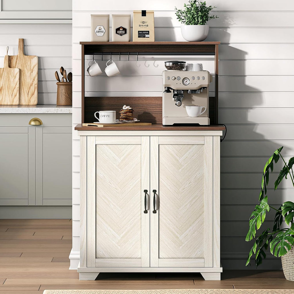 Farmhouse Coffee Bar Cabinet with Charging Station, 31.5' Kitchen Coffee Station, Coffee Bar Table with Storage, Adjustable Shelf and 6 Hooks, Buffet Cabinet for Living Room, Dining Room, White