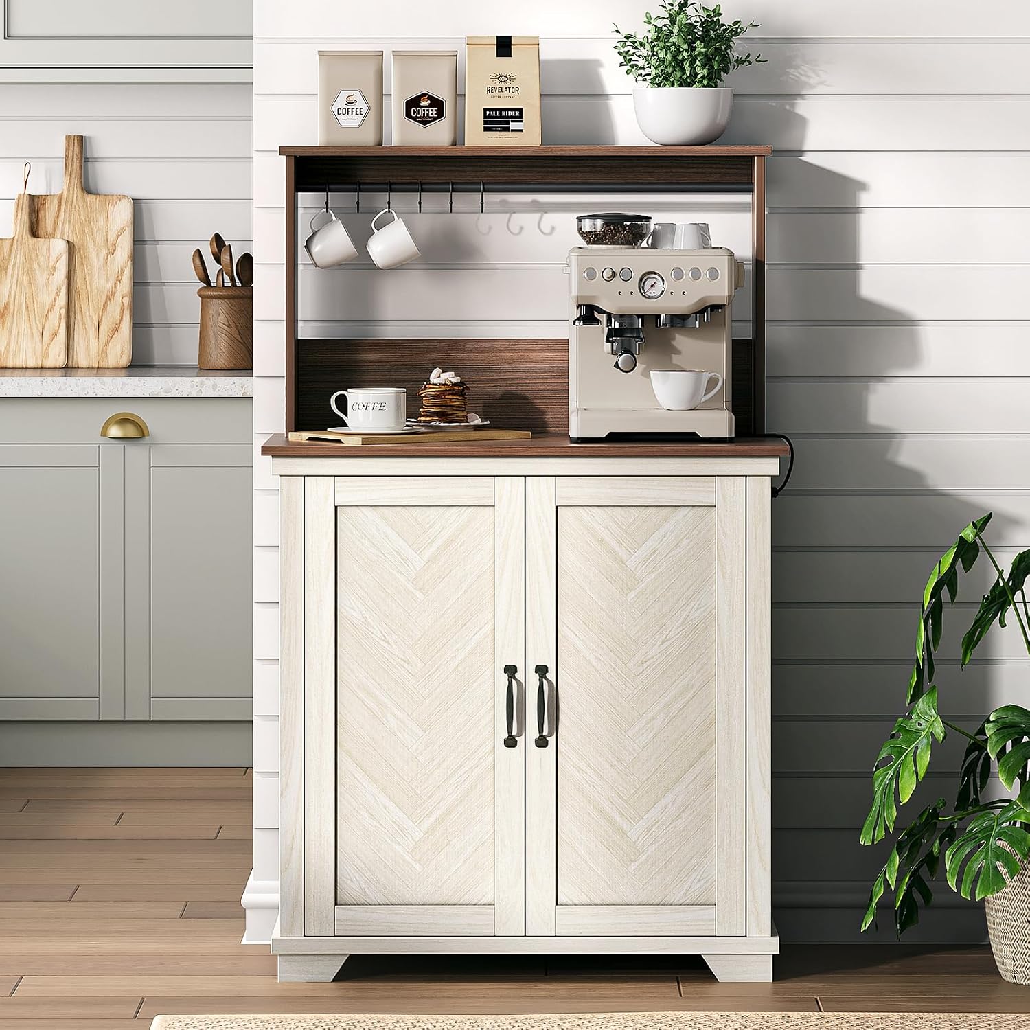Farmhouse Coffee Bar Cabinet with Charging Station, 31.5' Kitchen Coffee Station, Coffee Bar Table with Storage, Adjustable Shelf and 6 Hooks, Buffet Cabinet for Living Room, Dining Room, White