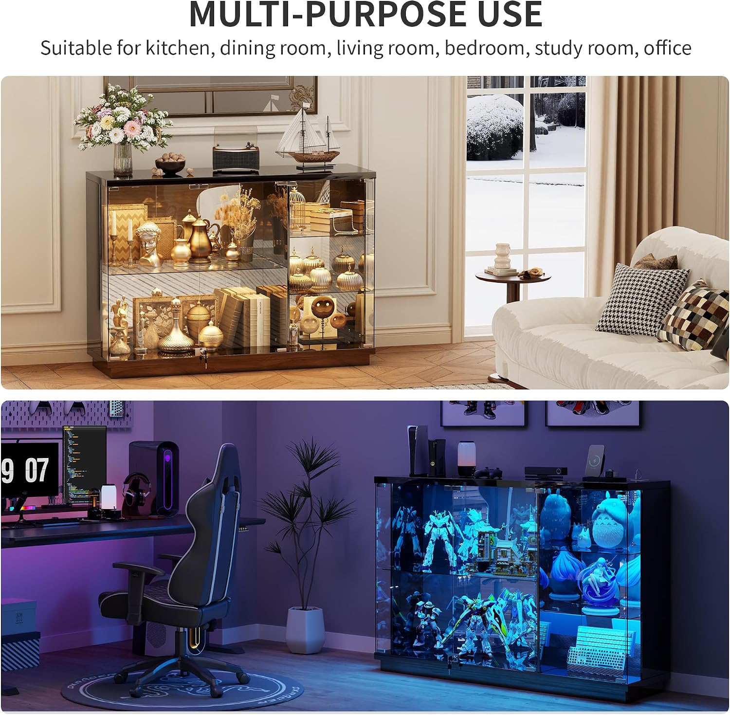 HNEBC Lockable Display Curio Cabinet with Glass Door,47.2' W Glass Display Cabinet with 3 Color Lights for Collectibles,5-Tier Lighted Display Case with Human Sensor,Living Room,Black