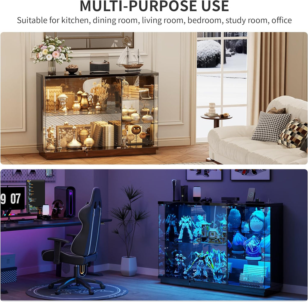 HNEBC Display Curio Cabinet - with Glass Door,47.2' W Lockable Glass Display Cabinet with LED Lights for Collectibles,5-Tier Lighted Display Case with Motion Sensor,Living Room,Black