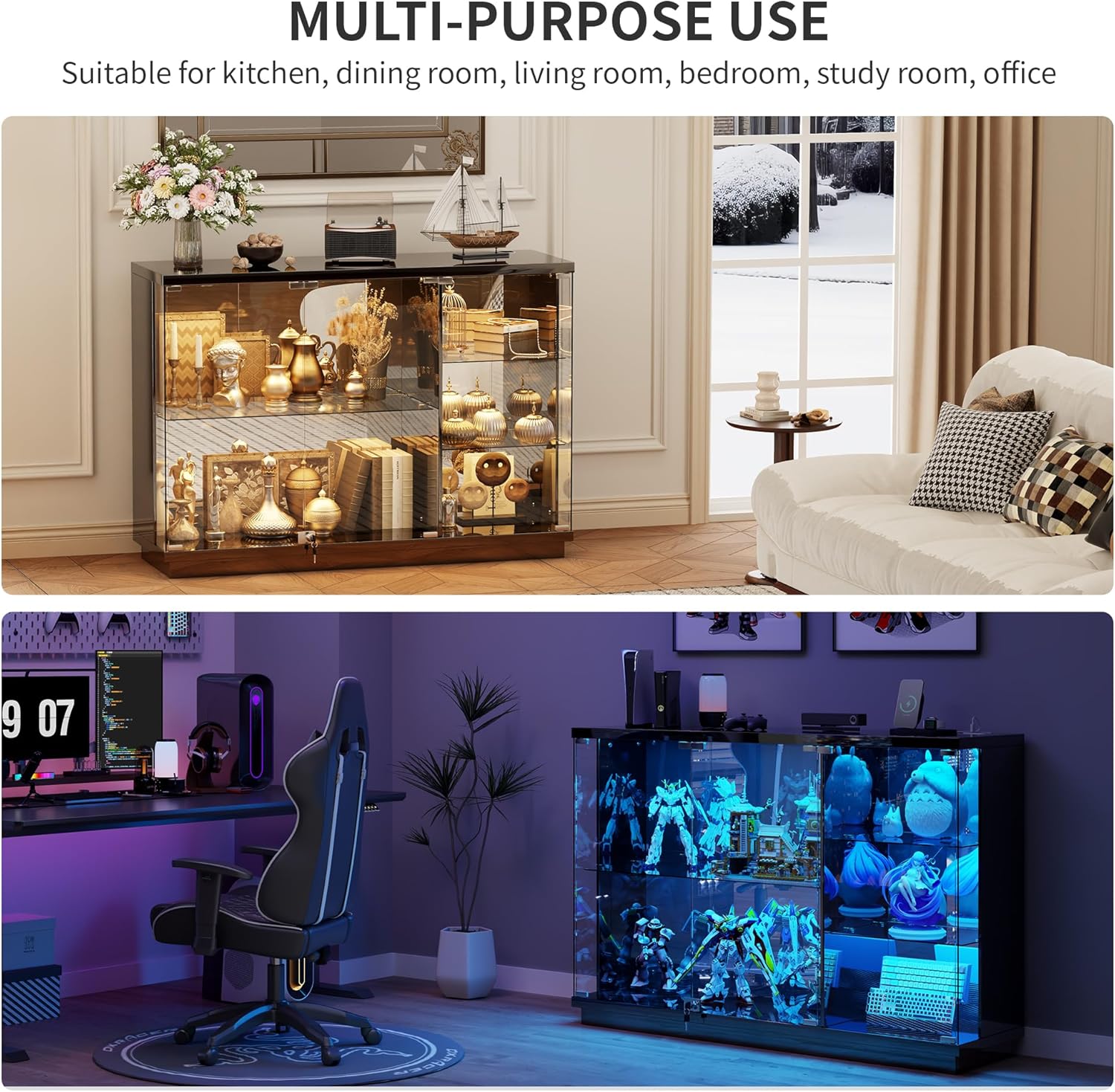 HNEBC Display Curio Cabinet - with Glass Door,47.2' W Lockable Glass Display Cabinet with LED Lights for Collectibles,5-Tier Lighted Display Case with Motion Sensor,Living Room,Black