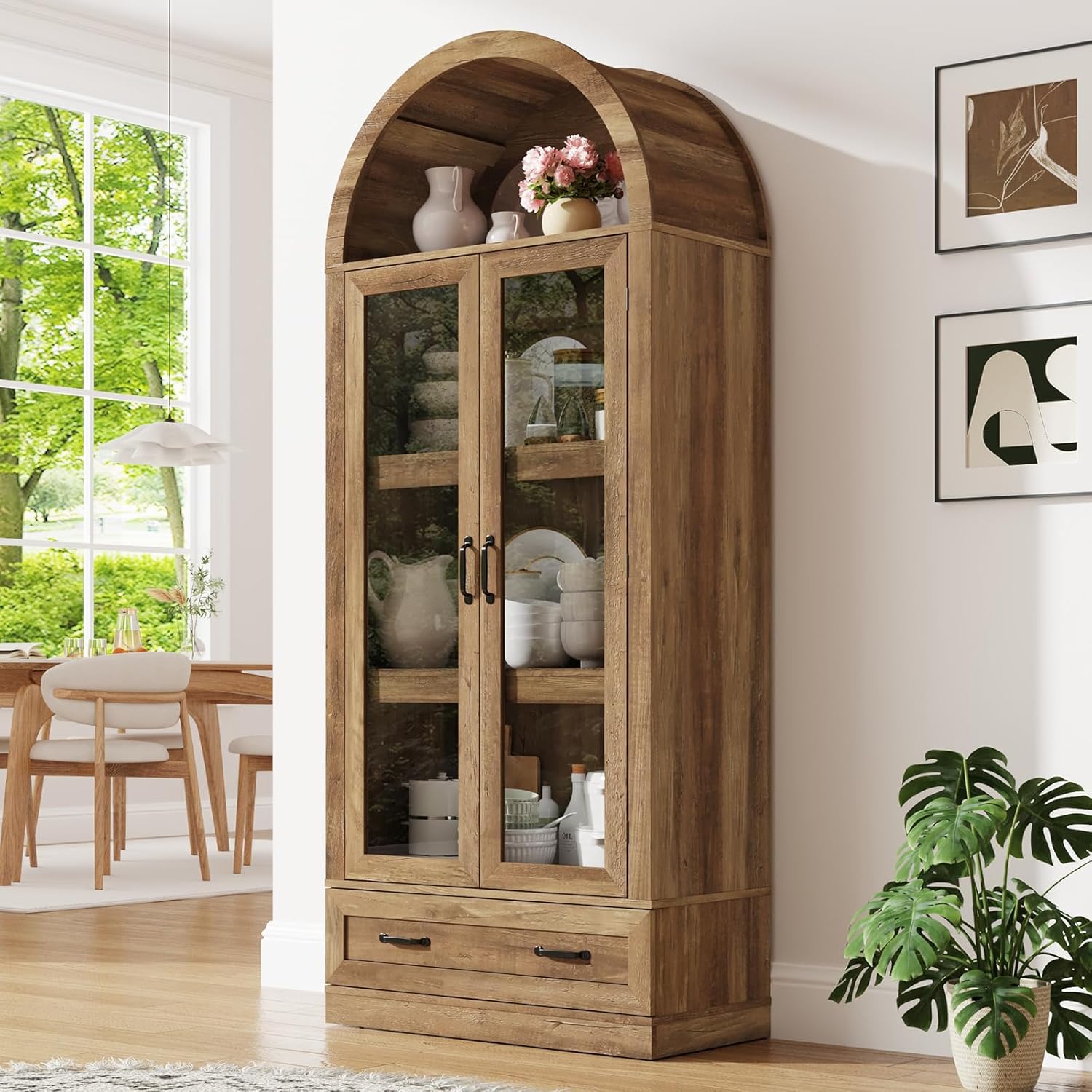75' Tall Arched Kitchen Pantry Cabinet w Load-Bearing Steel Pipe,Modern Farmhouse Kitchens Storage Cabinet with Drawer and Glass Doors,Tall Arched Bookcase,Pantry Organizer for Living Room(Natural)