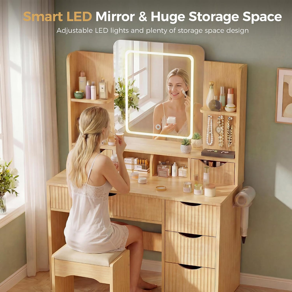 Vanity Desk with Mirror and Lights, Makeup Vanity Table with Large 6 Drawers Modern Fluted Wooden Dressing Table with Jewelry Hook 3 Color Modes Adjustable LED Mirror for Women Girls Bedroom or Dorm