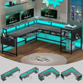 SEDETA L Shaped Gaming Desk, Convertible 96' Home Office Desk or Corner Desk, L Shaped Table with Power Outlets & LED Strip, Monitor Stand, Keyboard Tray, Pegboard and Storage Shelves, Grey