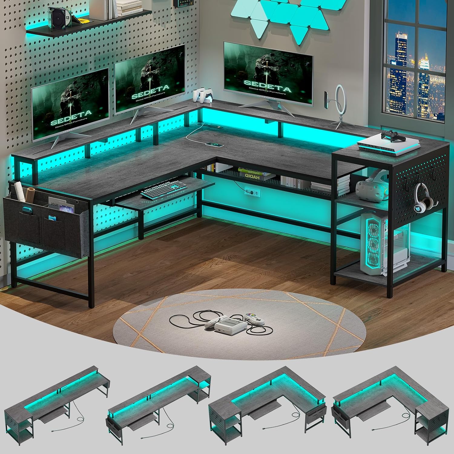 SEDETA L Shaped Gaming Desk, Convertible 96' Home Office Desk or Corner Desk, L Shaped Table with Power Outlets & LED Strip, Monitor Stand, Keyboard Tray, Pegboard and Storage Shelves, Grey