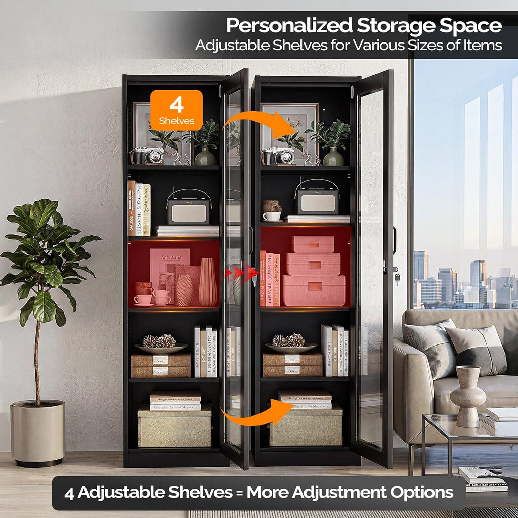 VINGLI Lockable Display Cabinet with Glass Door & 4 Adjustable Shelves, 65' Tall Metal Storage Cabinet Curio Liquor, Bookshelf Bookcase for Home Office Living Room Pantry Garage (Black)