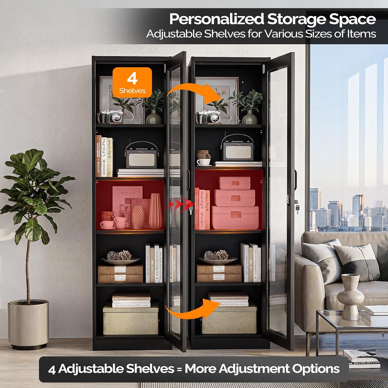 VINGLI Lockable Display Cabinet with Glass Door & 4 Adjustable Shelves, 65' Tall Metal Storage Cabinet Curio Liquor, Bookshelf Bookcase for Home Office Living Room Pantry Garage (Black)