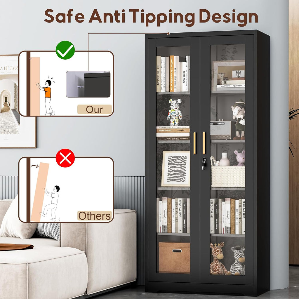 UNICOLY Lockable Display Cabinet with Glass Doors, Curio Cabinets with 4 Adjustable Shelves, Liquor Bookcase Bookshelf with Doors, Metal Storage Cabinet for Living Room Pantry, Black