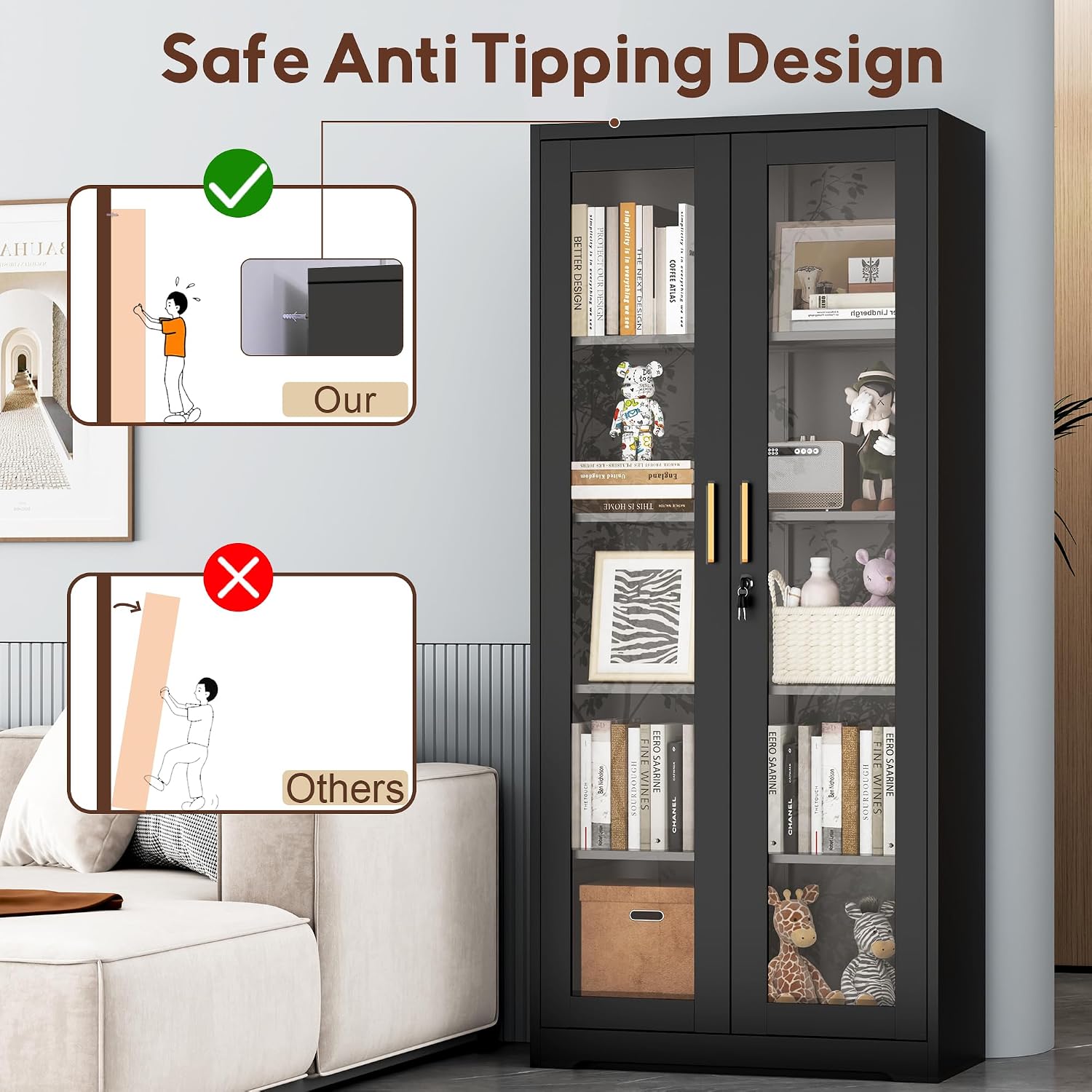 UNICOLY Lockable Display Cabinet with Glass Doors, Curio Cabinets with 4 Adjustable Shelves, Liquor Bookcase Bookshelf with Doors, Metal Storage Cabinet for Living Room Pantry, Black