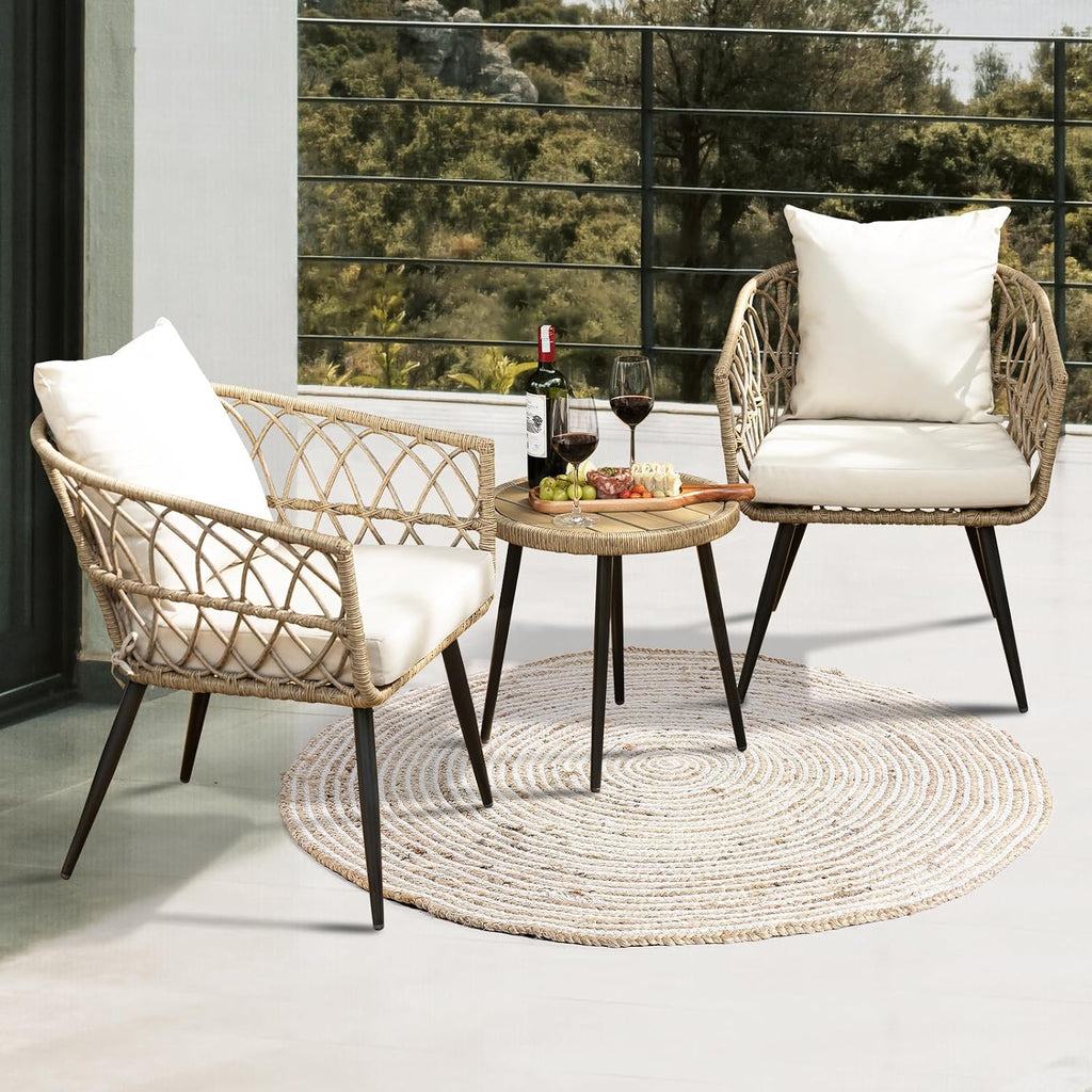 Idzo Heavy Duty 500lbs Weight Capacity Wicker Bistro Table and Chairs Set of 2 with Premium Olefin Fabric Soft Cushions