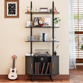 Tall Vinyl Record Player Stand, Black Small Record Storage Cabinet, 4 Tier Arched Bookshelf with Sliding Doors, Fluted Media Display Shelf, Mid Century Modern Turntable Stand for Living Room, Retro