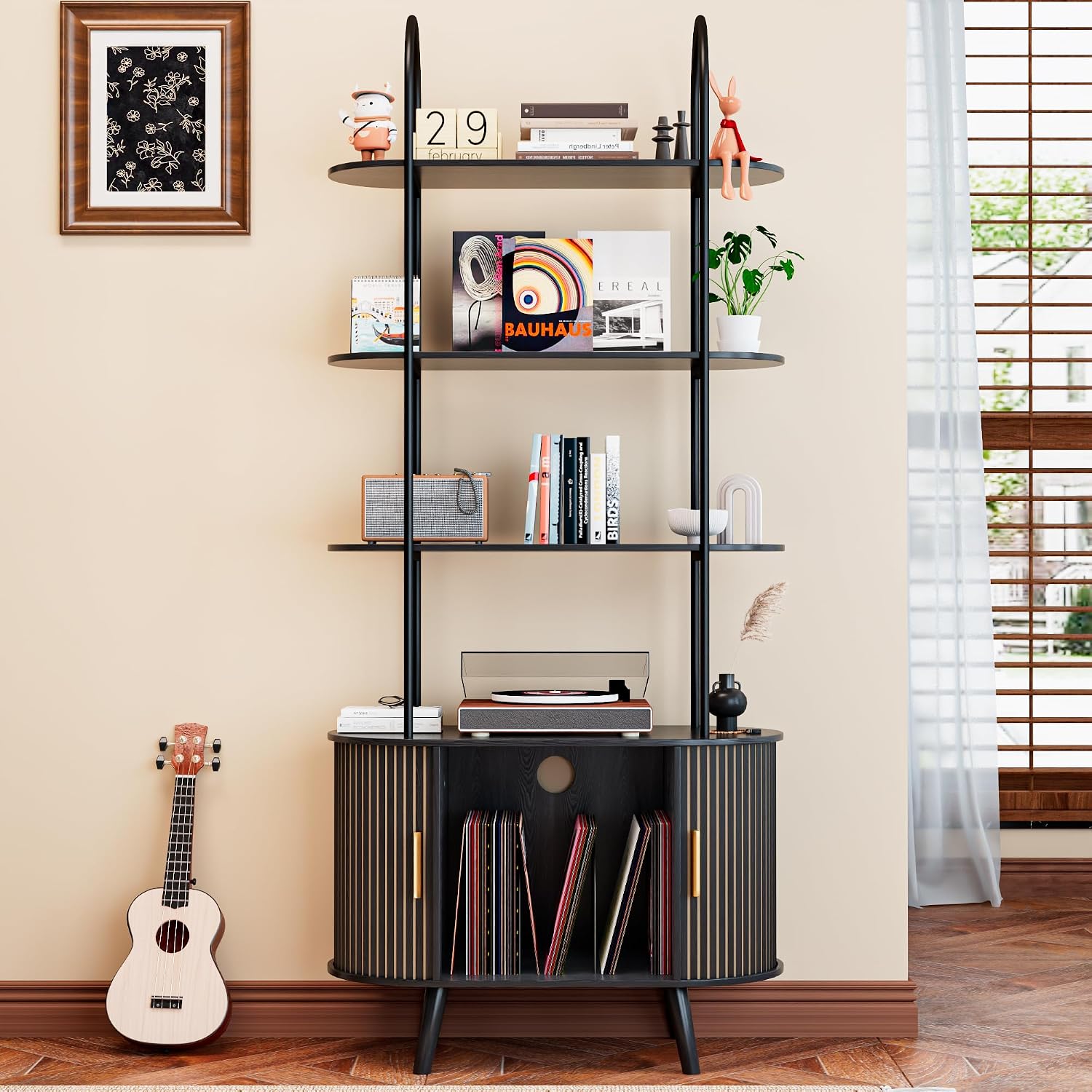 Tall Vinyl Record Player Stand, Black Small Record Storage Cabinet, 4 Tier Arched Bookshelf with Sliding Doors, Fluted Media Display Shelf, Mid Century Modern Turntable Stand for Living Room, Retro