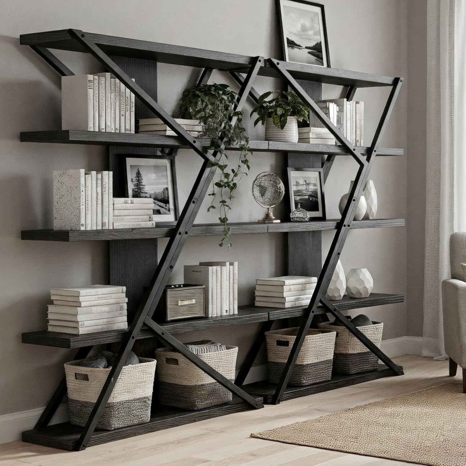 FUSUNBAO Industrial Bookshelf, Vintage 5-Tier Tall Bookcase with Wood and Metal Frame, Rustic Large Display Shelf for Home Office, 67' H x 47' L x 12' W, Black