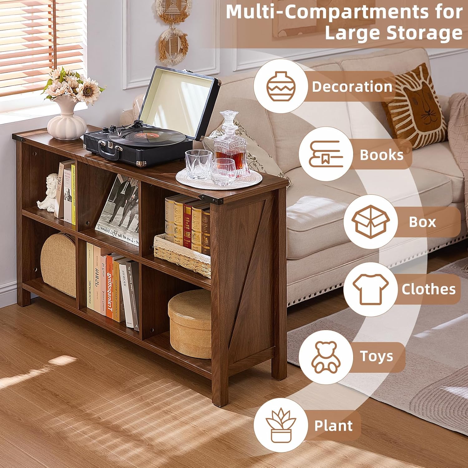 Joaxswe Farmhouse 6 Cube Book Shelf, Wood 3 Tier Storage Organizer Bookshelf, Brown Walnut 47' Horizontal Cubby Bookcase with Legs, Rustic Entryway Book Case, Long Display Cabinet for Bedroom, Office