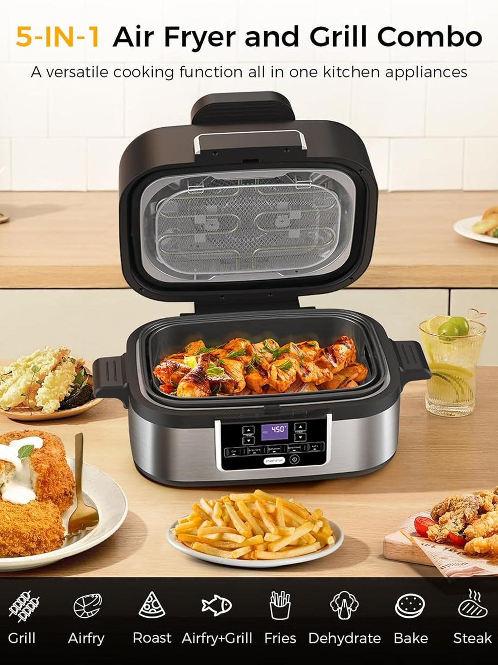 Electactic Smokeless Indoor Grill with Air Fry, Electric Grill with 5 Cooking Modes, 5QT Capacity, Adjustable Time & Temperature, LCD Displays