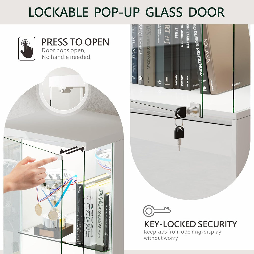 Lvifur Lockable Curio Display Cabinet with Glass Door,65' Lighted Curio Cabinet with 3 Color Lights for Collectibles,3-Tier Glass Display Case with Human Body Sensor for Living Room,White
