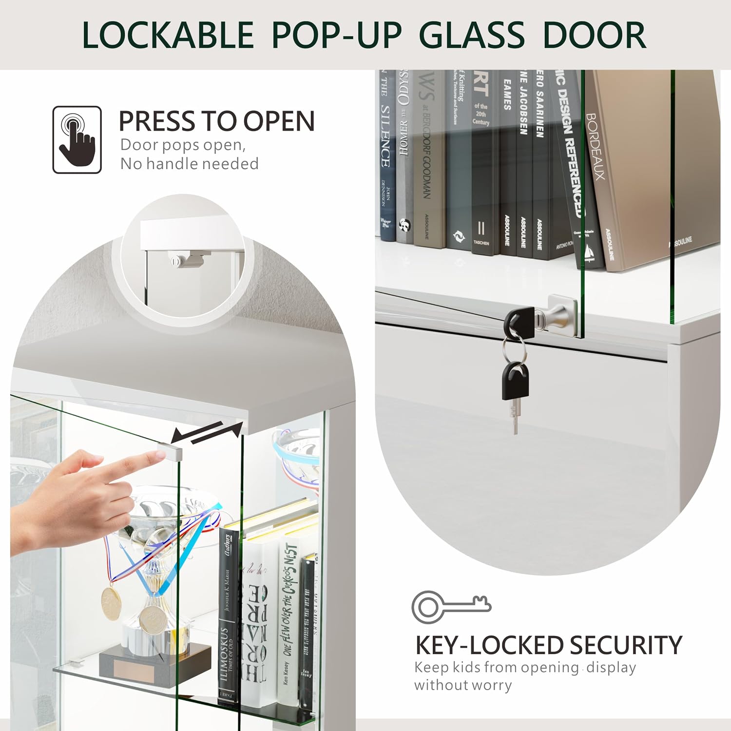 Lvifur Lockable Curio Display Cabinet with Glass Door,65' Lighted Curio Cabinet with 3 Color Lights for Collectibles,3-Tier Glass Display Case with Human Body Sensor for Living Room,White