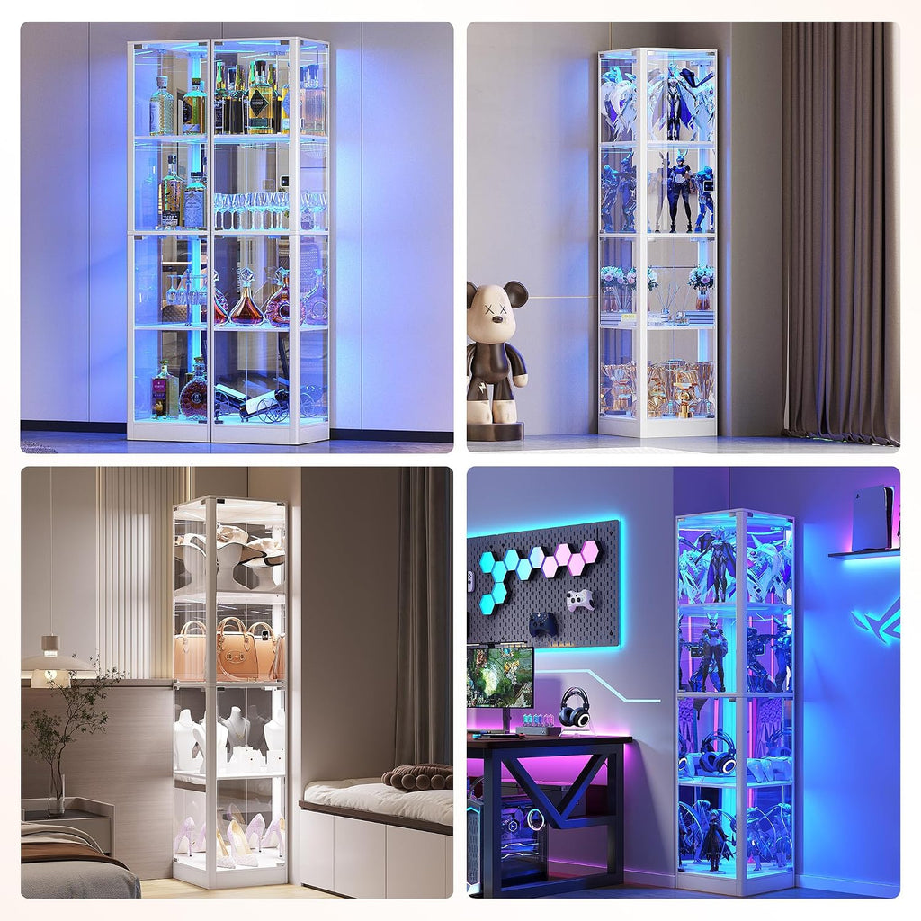 Corner Display Cabinet with Glass Doors, 4 Tier Corner Shelf with LED Lights, 68' Display Case for Collectibles, Toys, Books, Curio Storage Cabinet, White