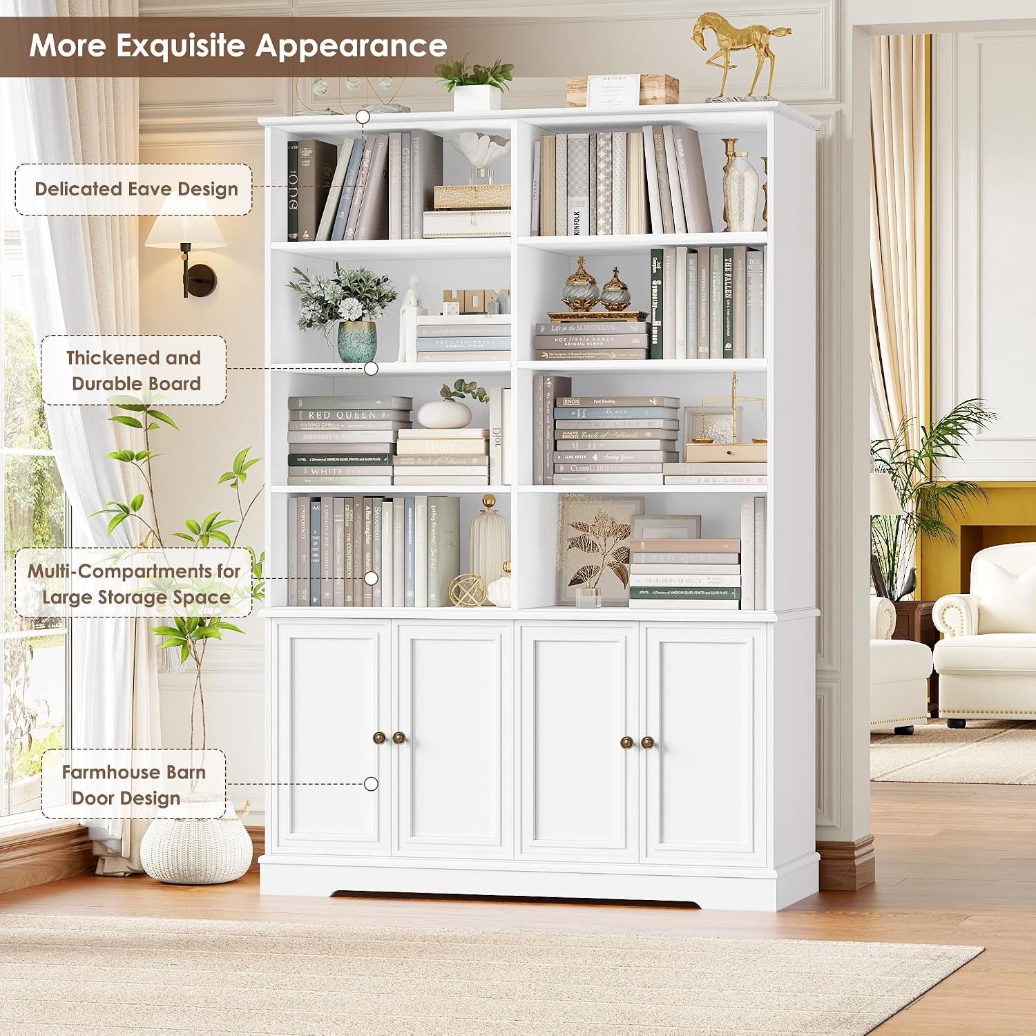 FINETONES 73' White Bookshelf with Doors, 6 Tier Tall Bookshelf Double Wide Bookcases and Bookshelves with Storage, Large Display Cabinets for Home Office,Living Room, Library