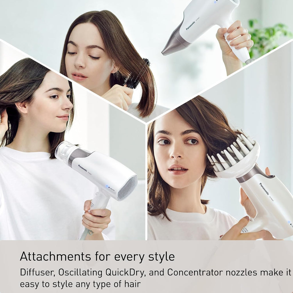 Panasonic Nanoe Salon Hair Dryer with Oscillating QuickDry Nozzle, Blow Dryer with Diffuser and Concentrator Attachments, 3 Speed Heat Settings for Easy Styling and Healthy Hair - EH-NA67-W (White)