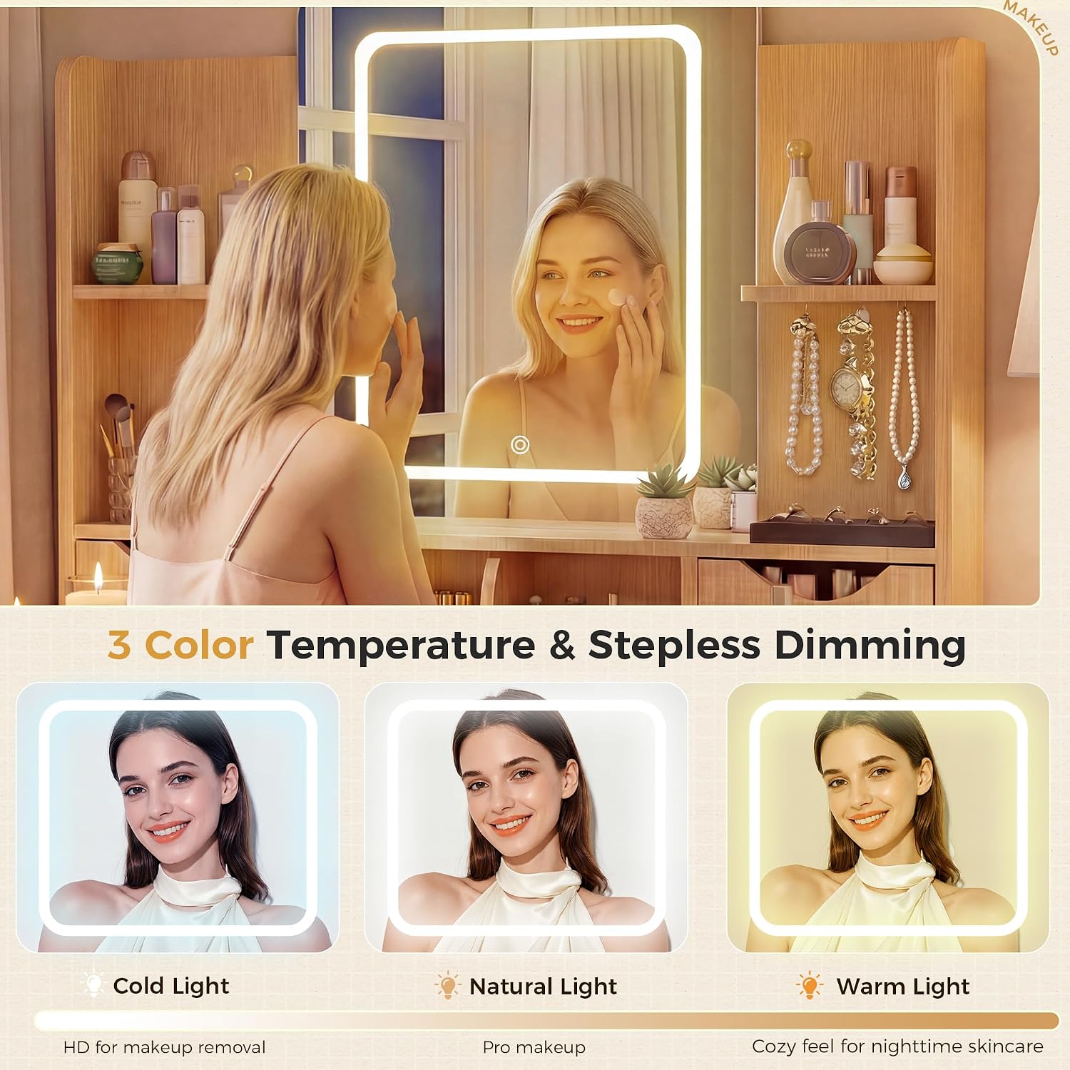 Vanity Desk with Mirror and Lights, Makeup Vanity Table with Large 6 Drawers Modern Fluted Wooden Dressing Table with Jewelry Hook 3 Color Modes Adjustable LED Mirror for Women Girls Bedroom or Dorm