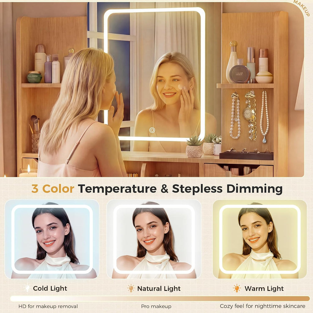 Vanity Desk with Mirror and Lights, Makeup Vanity Table with Large 6 Drawers Modern Fluted Wooden Dressing Table with Jewelry Hook 3 Color Modes Adjustable LED Mirror for Women Girls Bedroom or Dorm