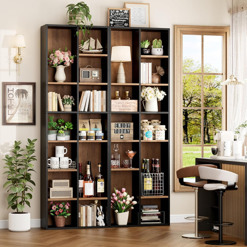 FOTOSOK 71'' Tall Bookshelf with 14 Cubes, 7 Tier Double Wide Wood Bookshelf with 6 Adjustable Shelves, 19.6' Narrow Bookcase DVD/CD Media Storage, Space Saving Display Shelf Cabinet, Black/Brown