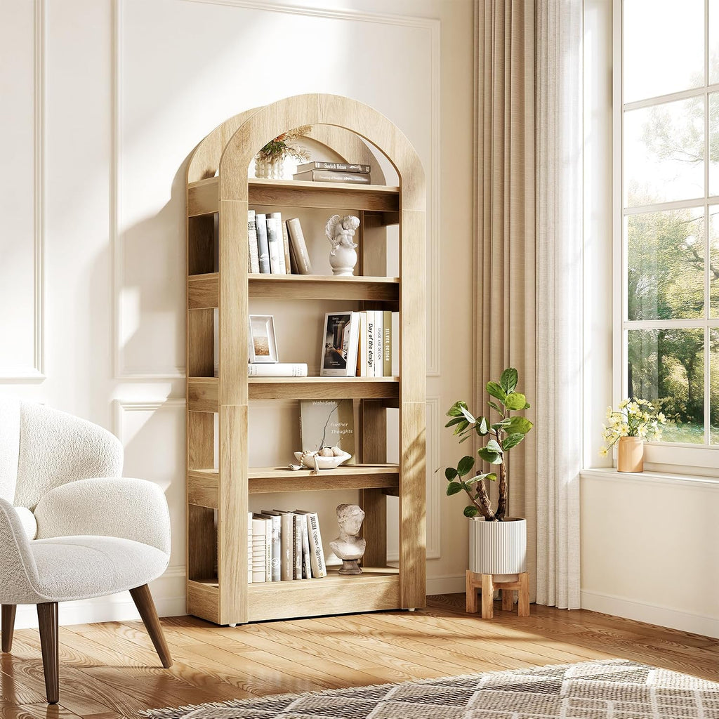 LITTLE TREE 5-Tier Bookshelf, Arch-Shaped Racks, Tall Standing Wooden Bookcase Display Shelf Modern Storage Solution (1, Teak Color)