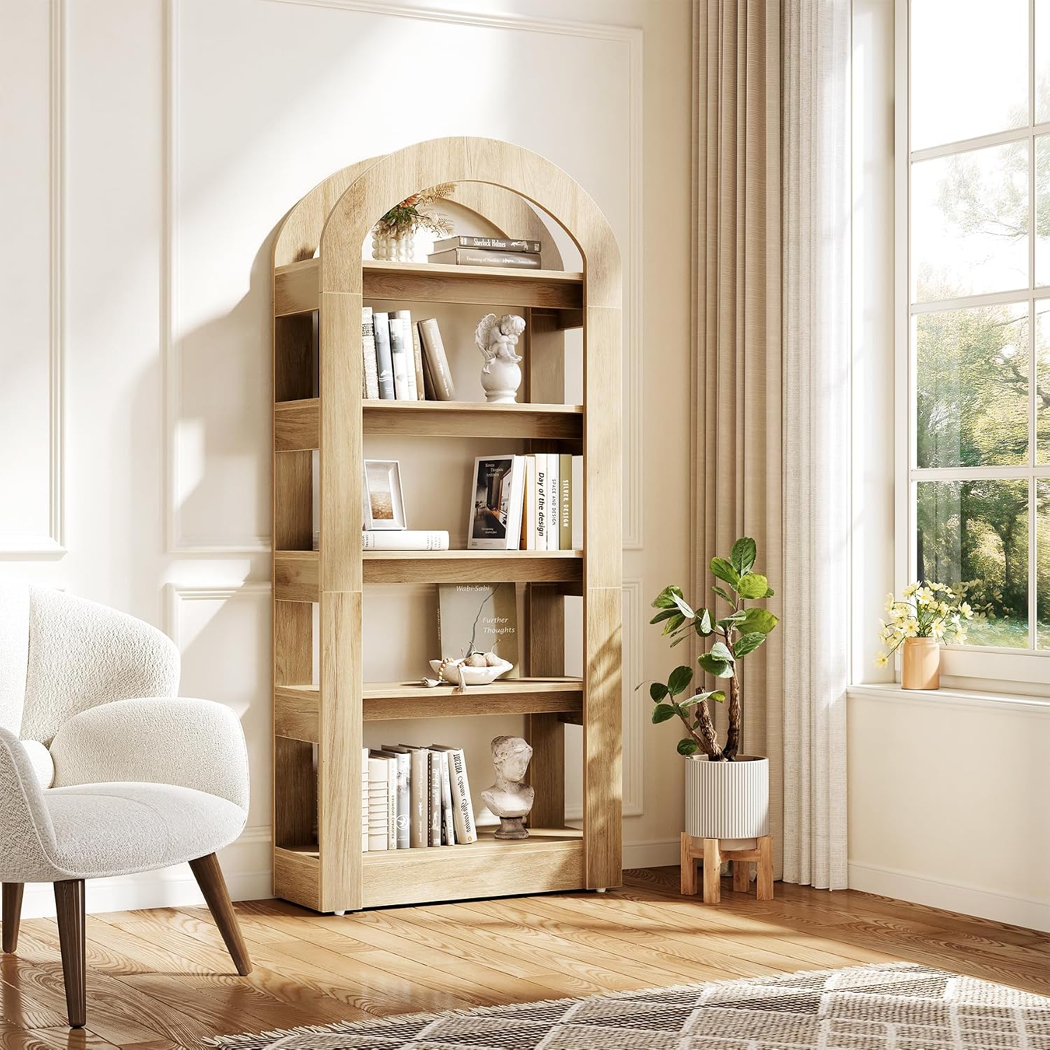 LITTLE TREE 5-Tier Bookshelf, Arch-Shaped Racks, Tall Standing Wooden Bookcase Display Shelf Modern Storage Solution (1, Teak Color)