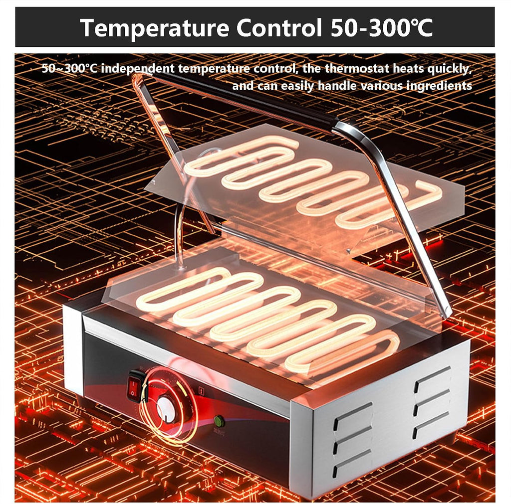 Electric Sandwich Maker 1800w Electric Contact Grill, Non-Stick Sandwich Toaster, Adjustable Temperature Control From 50-300°C, For Commercial Use (Grooved/Smooth),grooved